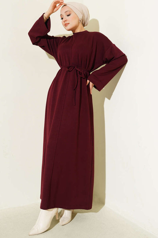 Loysa Double Sleeve Dress with Strappy Belt, Burgundy