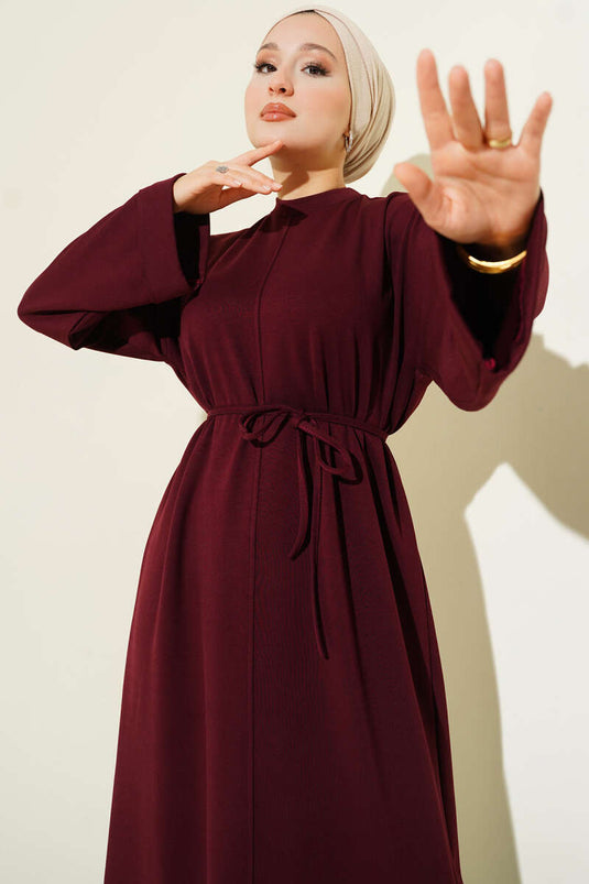 Loysa Double Sleeve Dress with Strappy Belt, Burgundy