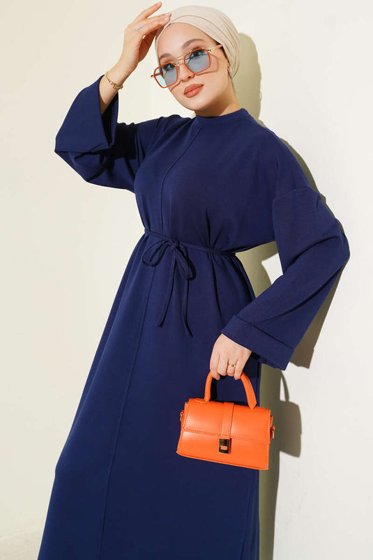 Loysa Double Sleeve Dress with Strappy Belt, Navy Blue