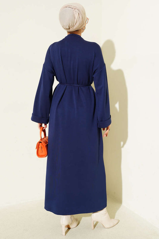 Loysa Double Sleeve Dress with Strappy Belt, Navy Blue