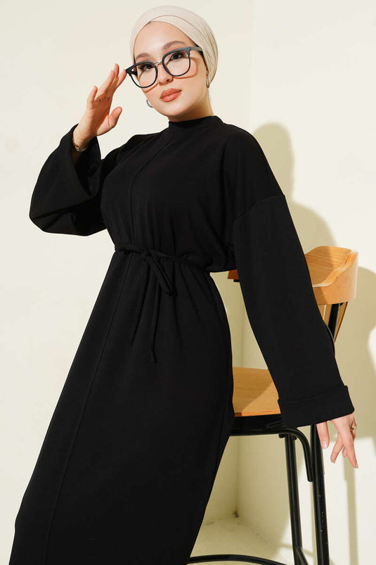 Loisha Double Sleeve Dress with Strappy Belt, Black