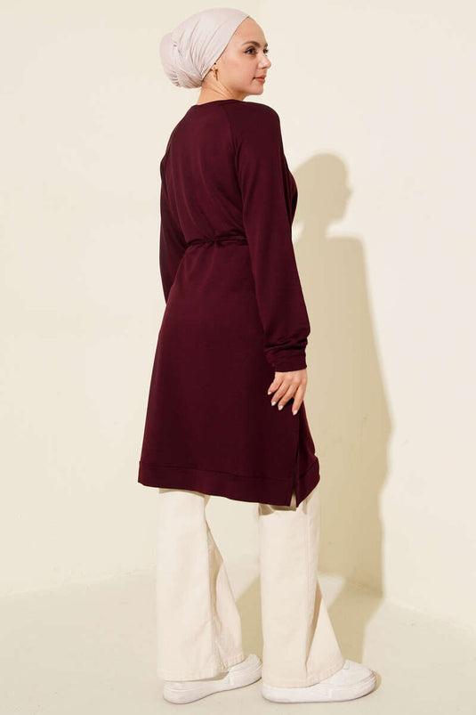 Tunica lunga Loyşa con cintura in corda color prugna