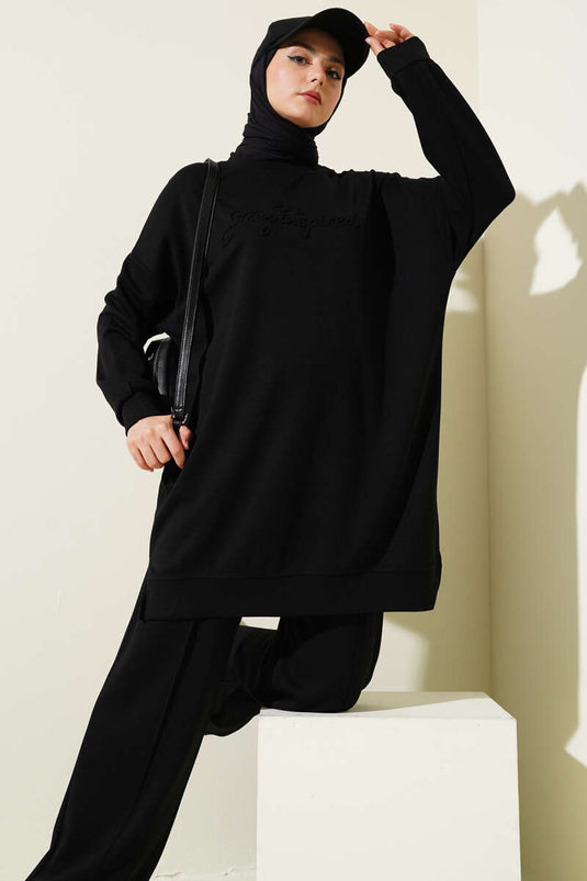 Loysha Embossed Lettered Casual Two Piece Suit Black