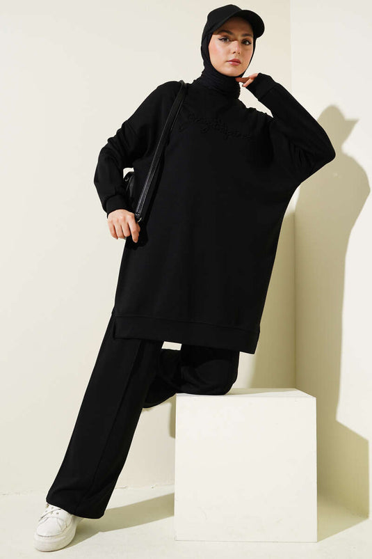 Loysha Embossed Lettered Casual Two Piece Suit Black