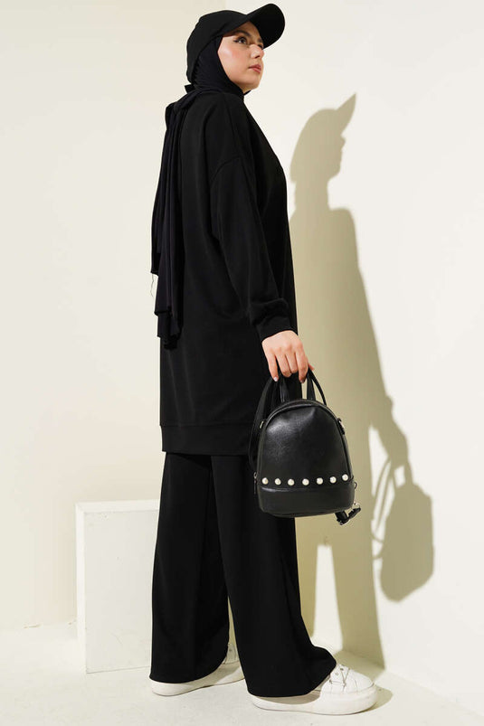 Loysha Embossed Lettered Casual Two Piece Suit Black