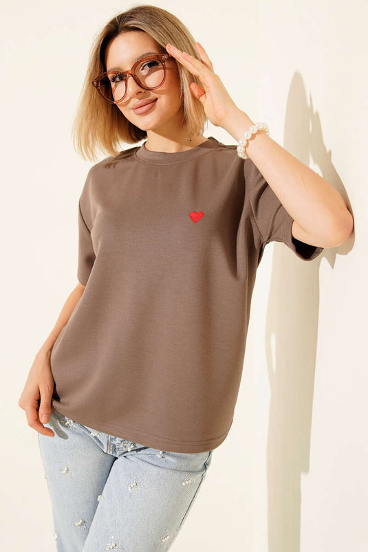 Loisha Heart Embroidered T-shirt, Mink