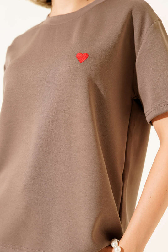 Loisha Heart Embroidered T-shirt, Mink