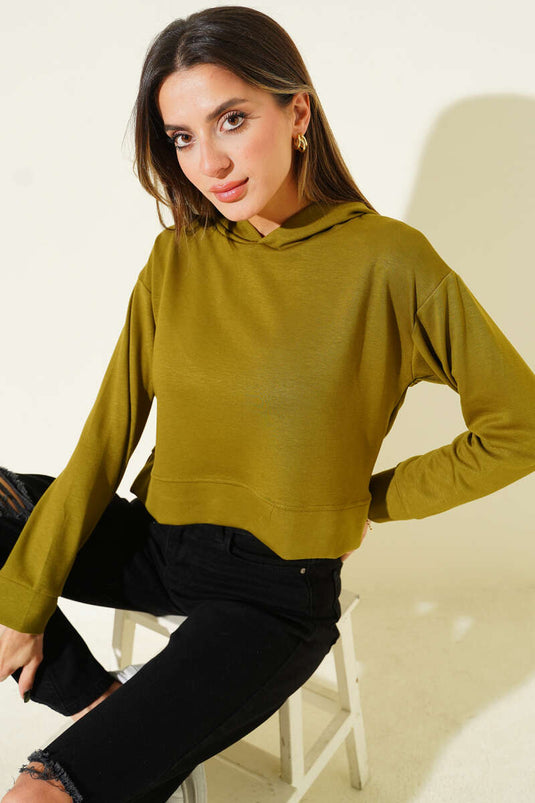 سويت شيرت قصير بغطاء رأس من لويزا، لون زيتوني