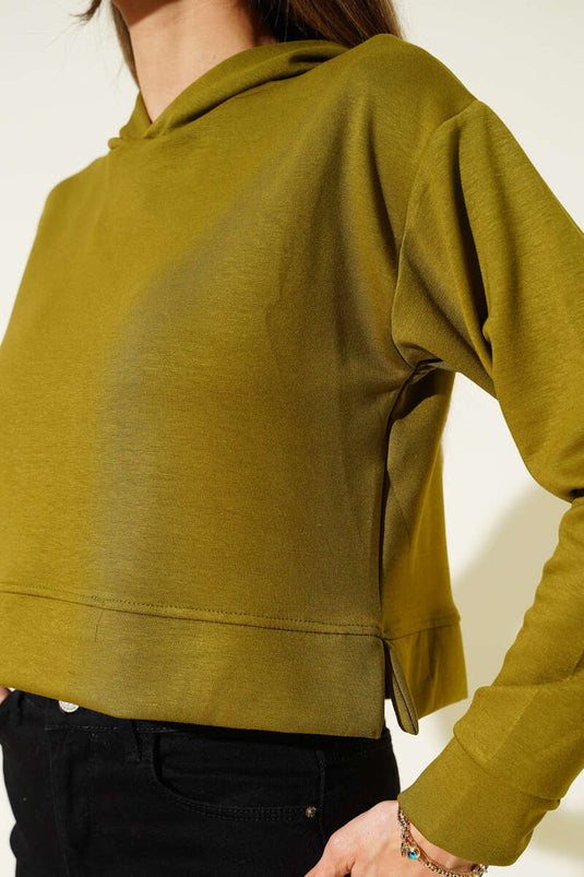 سويت شيرت قصير بغطاء رأس من لويزا، لون زيتوني