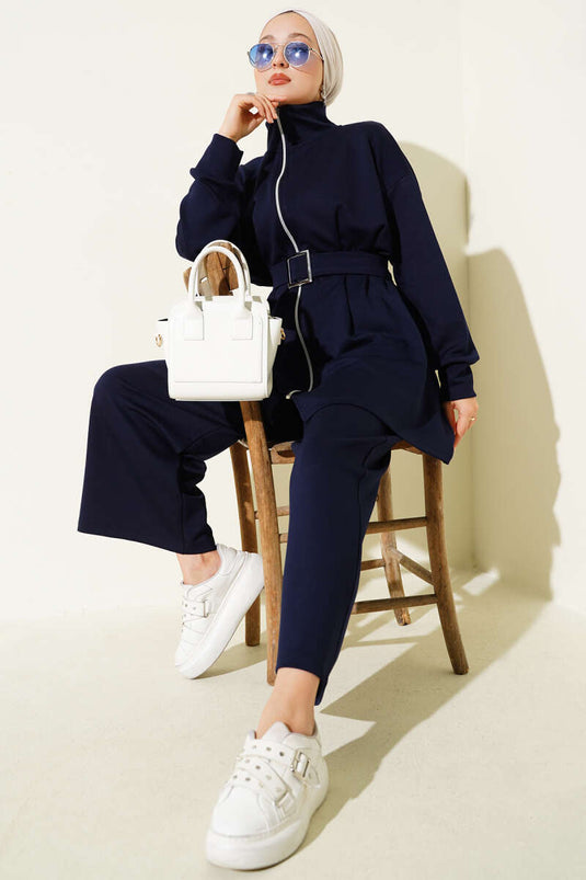 Loyşa Belt Detailed Two-Piece Suit Navy Blue