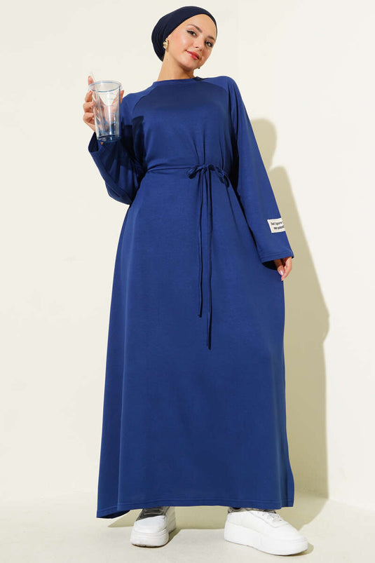 فستان لويشا بأكمام مطرزة وحبل وحزام أزرق داكن