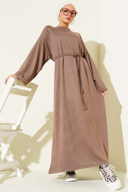 Loyşa Sleeve Embroidered Rope Belted Dress Mink