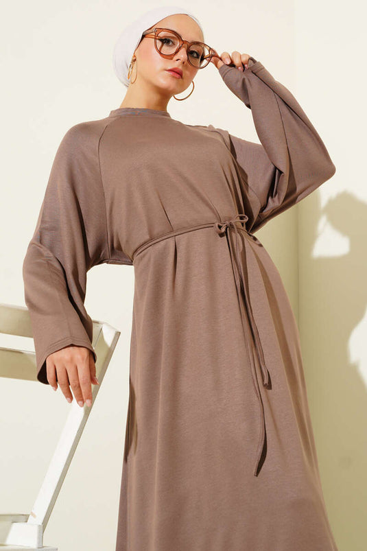 Loyşa Sleeve Embroidered Rope Belted Dress Mink