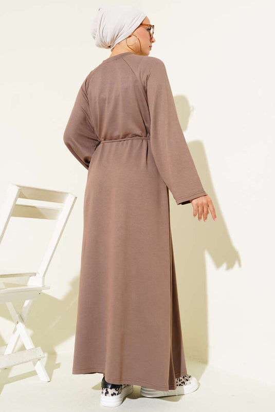 Loyşa Sleeve Embroidered Rope Belted Dress Mink