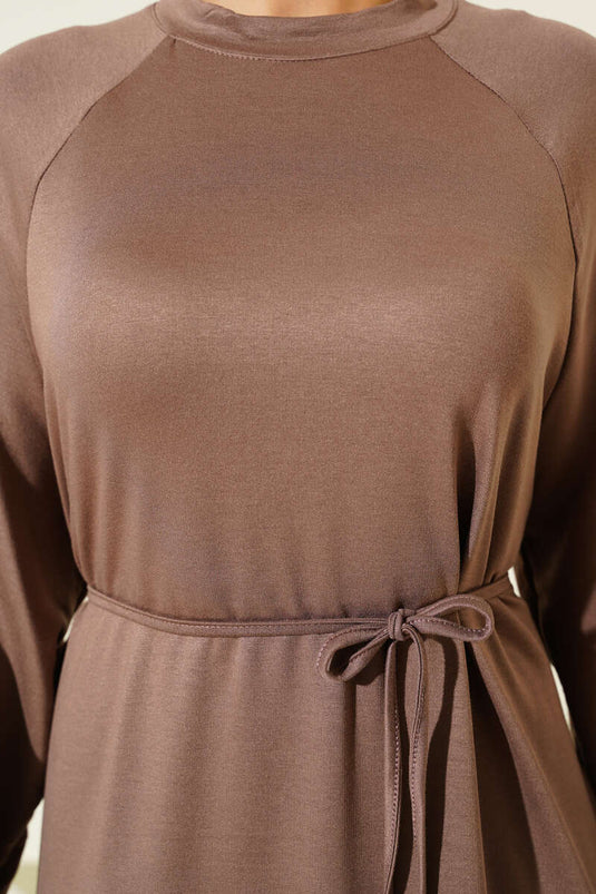 Loyşa Sleeve Embroidered Rope Belted Dress Mink