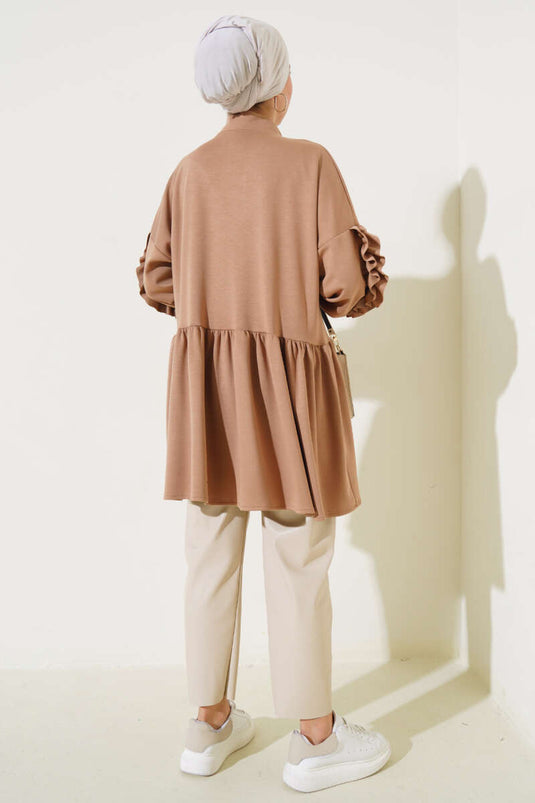 Loyşa Sleeve Ruffled Cardigan Camel