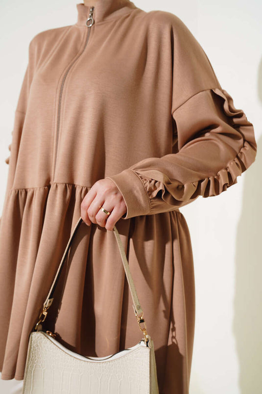 Loyşa Sleeve Ruffled Cardigan Camel