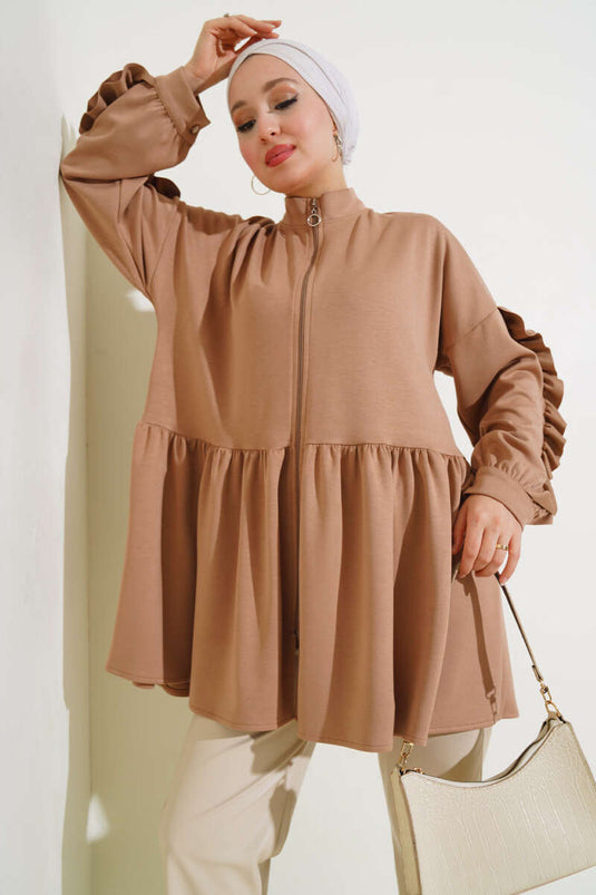 Loyşa Sleeve Ruffled Cardigan Camel