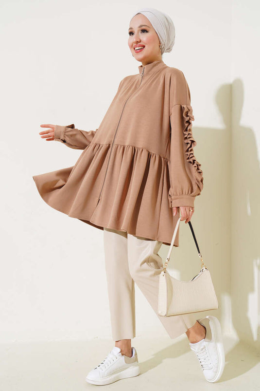 Loyşa Sleeve Ruffled Cardigan Camel
