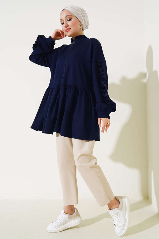 Loyşa Ruffled Sleeve Cardigan Navy Blue