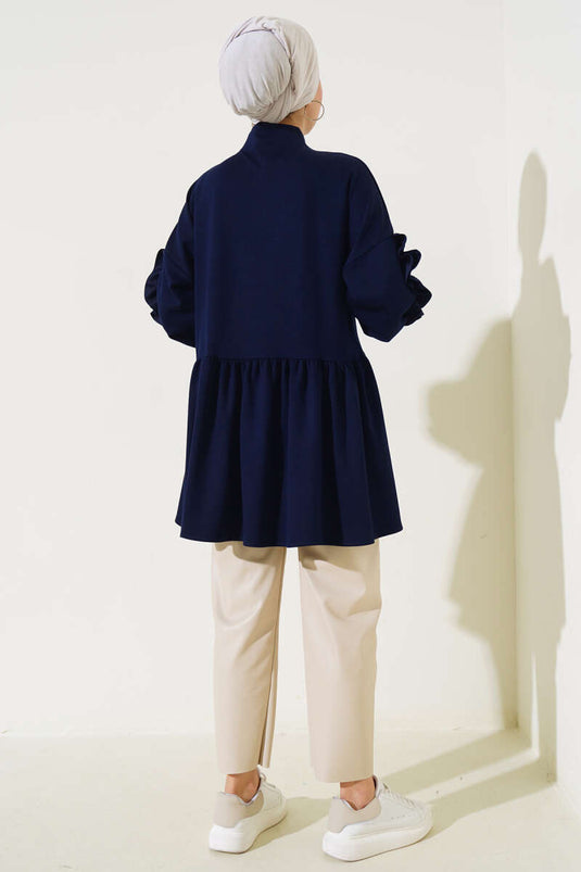 Loyşa Ruffled Sleeve Cardigan Navy Blue