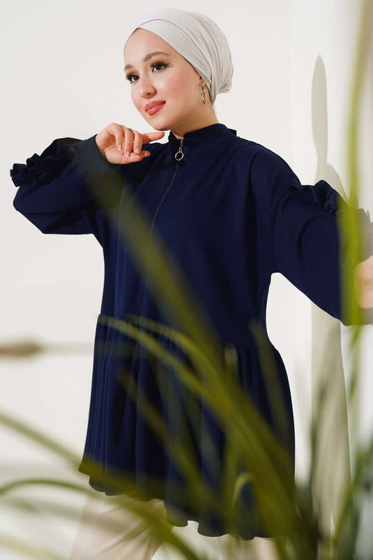 Loyşa Ruffled Sleeve Cardigan Navy Blue