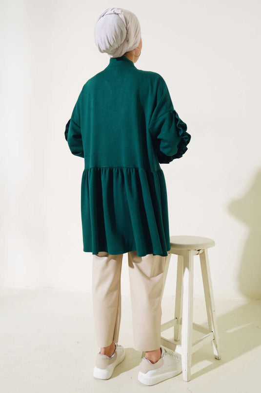 Loyşa Sleeve Ruffled Cardigan Emerald