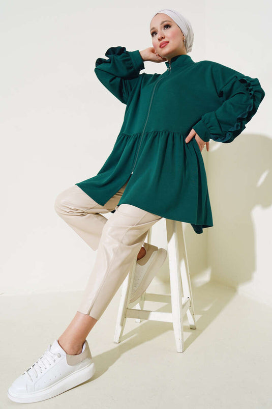 Loyşa Sleeve Ruffled Cardigan Emerald