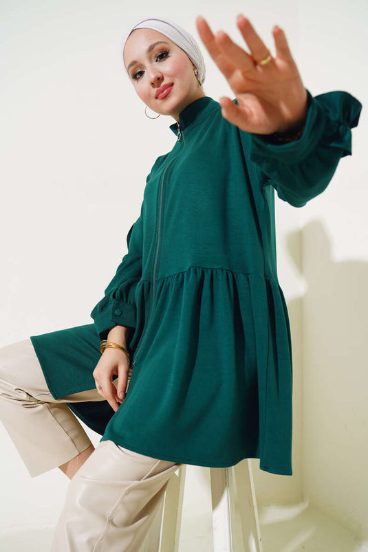 Loyşa Sleeve Ruffled Cardigan Emerald