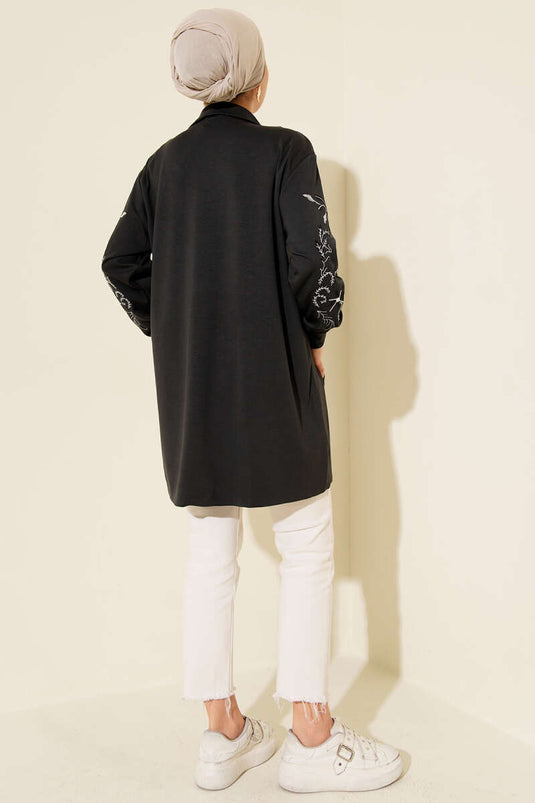 Loyşa Kolları Nakışlı Fermuarlı Hırka Füme