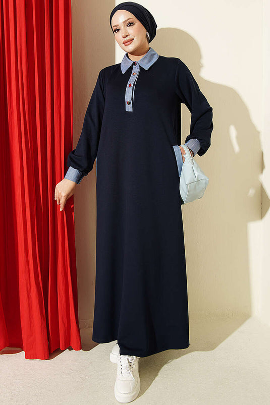 Navy Denim Kleid Mit Rüschen