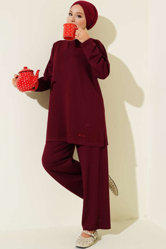 Loyşa Mini Taş Süslemeli İkili Takım Bordo