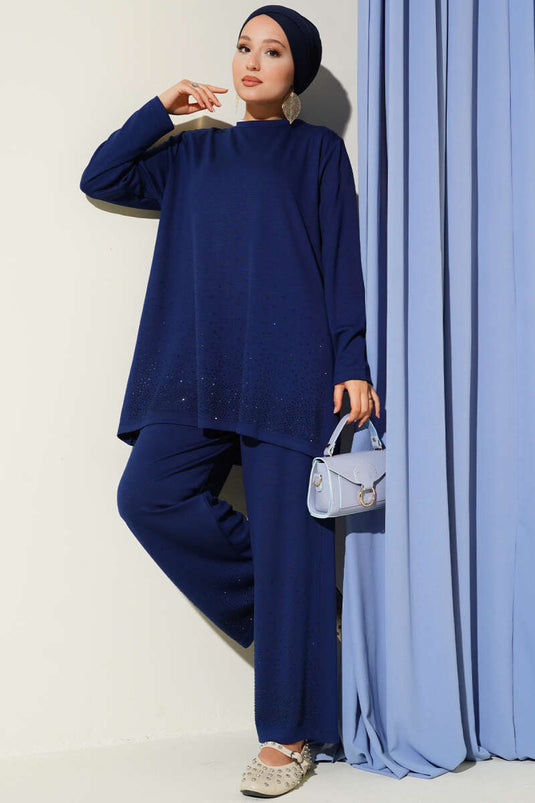 Loyşa Mini Stone Embellished Two Piece Suit Navy Blue