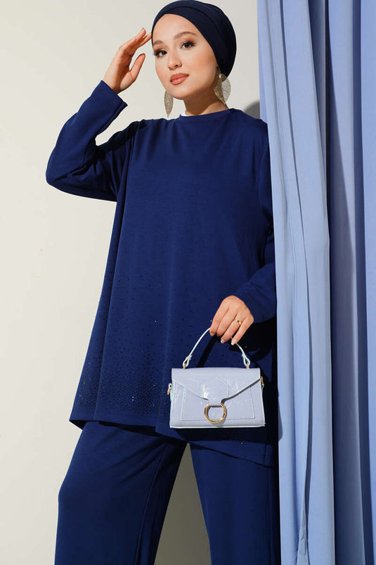 Loyşa Mini Stone Embellished Two Piece Suit Navy Blue