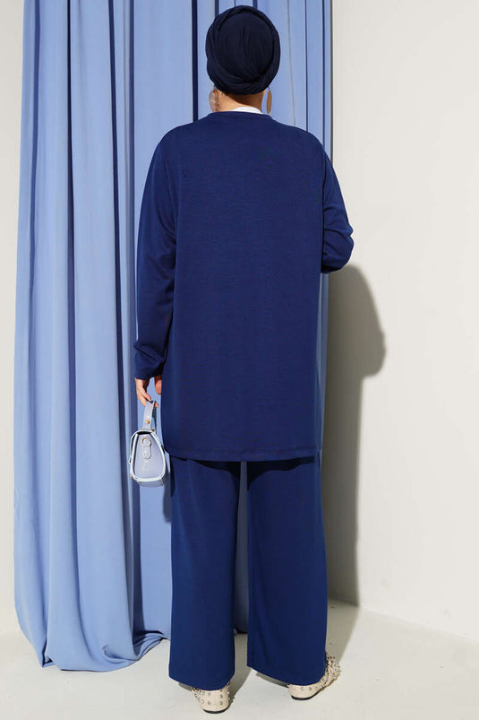 Loyşa Mini Stone Embellished Two Piece Suit Navy Blue