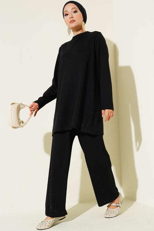 Loyşa Mini Taş Süslemeli İkili Takım Siyah