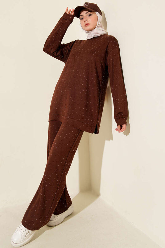 Loyşa Mini Stone Decorated Two-Piece Set Brown