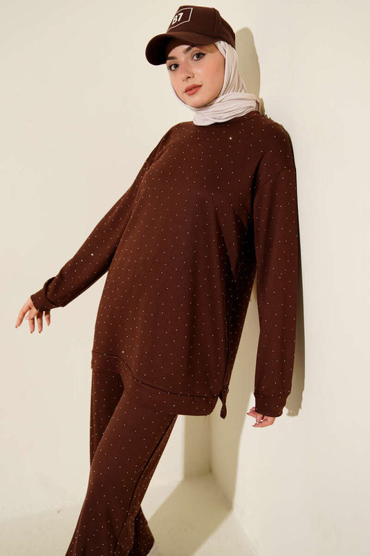 Loyşa Mini Stone Decorated Two-Piece Set Brown