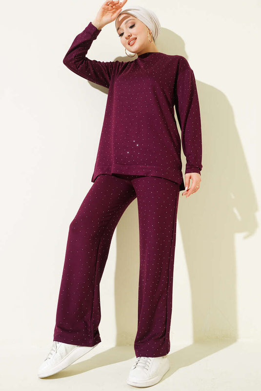 طقم لوياشا ميني مزين بالأحجار مزدوج اللون البرغندي