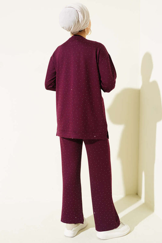 طقم لوياشا ميني مزين بالأحجار مزدوج اللون البرغندي