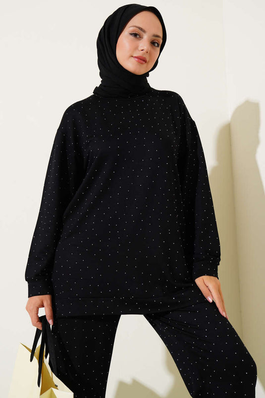 Loyşa Mini Taşlı Süslemeli İkili Takım Siyah