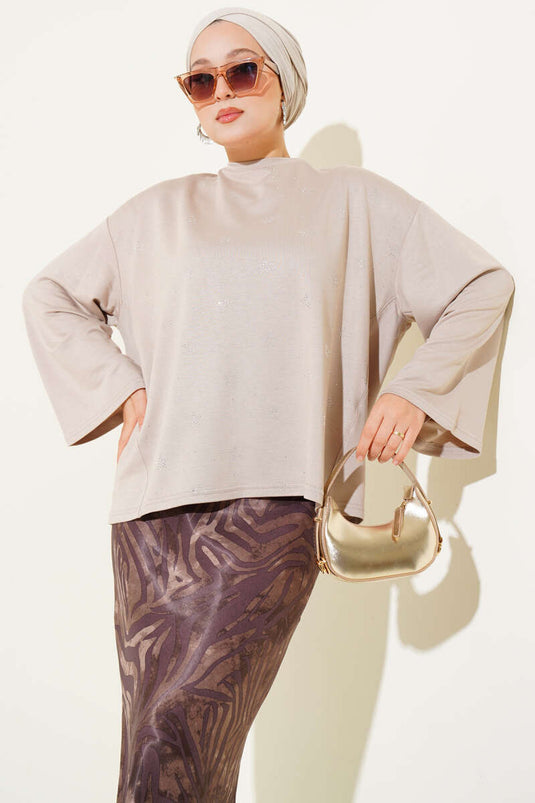 Loyşa Mini Yıldız Taşlı Bluz Bej