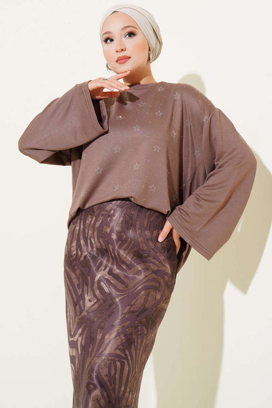 Loyşa Mini Yıldız Taşlı Bluz Vizon