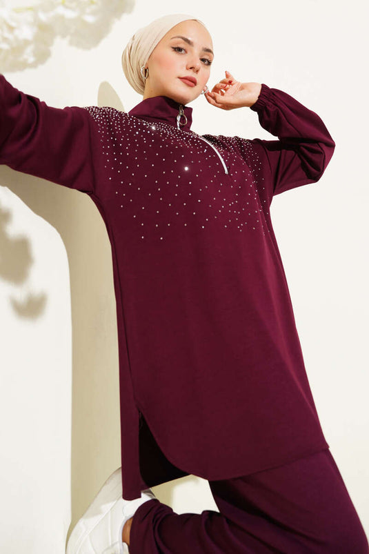 Loyşa Omuz Taşlı Fermuarlı İkili Takım Mürdüm