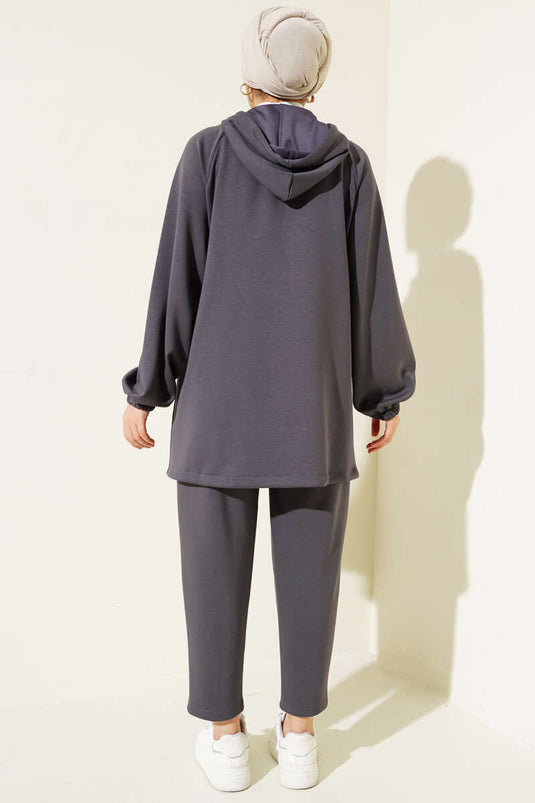 Zippered Two-Piece Set with Hood in Charcoal