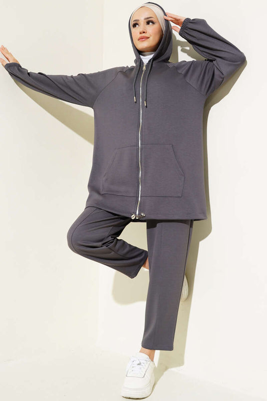 Zippered Two-Piece Set with Hood in Charcoal