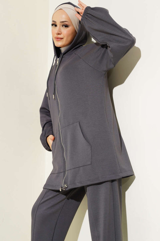 Zippered Two-Piece Set with Hood in Charcoal