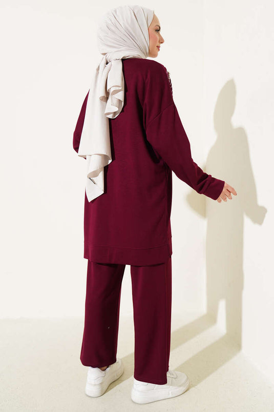 طقم تونيك لويشا الأمامي المرصع باللؤلؤ من قطعتين - أحمر كلاريت