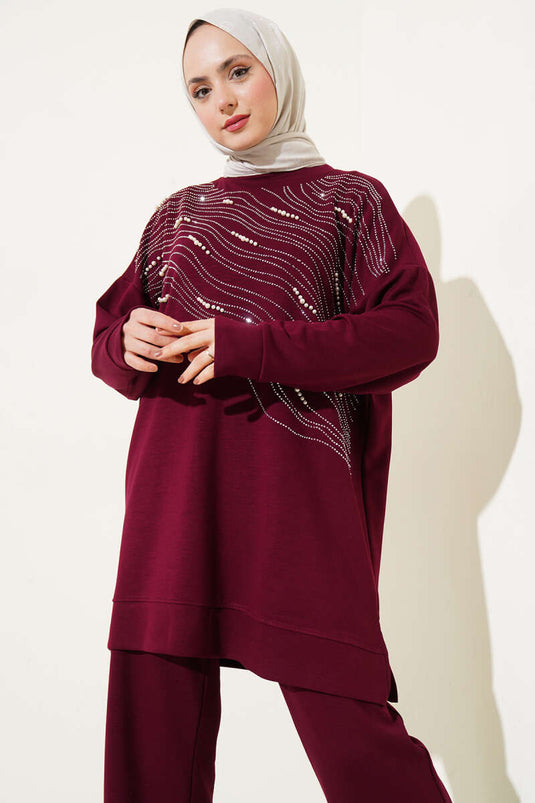 طقم تونيك لويشا الأمامي المرصع باللؤلؤ من قطعتين - أحمر كلاريت