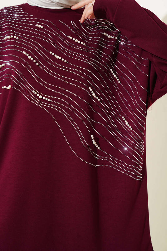 طقم تونيك لويشا الأمامي المرصع باللؤلؤ من قطعتين - أحمر كلاريت